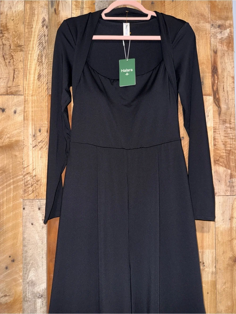 HALARA Black Long-Sleeve Wide-Leg Jumpsuit with Draped Neckline